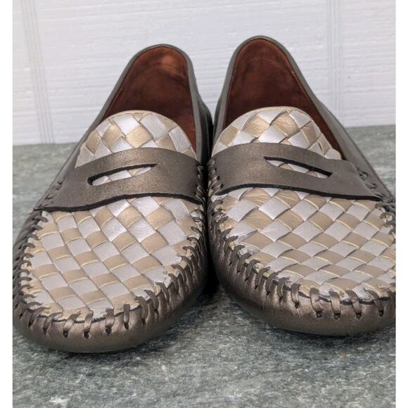 Robert Zur Womens Penny Loafers 6 Shoes Driving Woven Leather Bronze Gold White - Picture 3 of 13